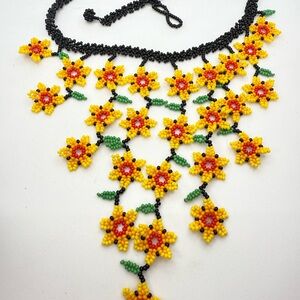 Floral Beaded Necklace - Yellow and Black